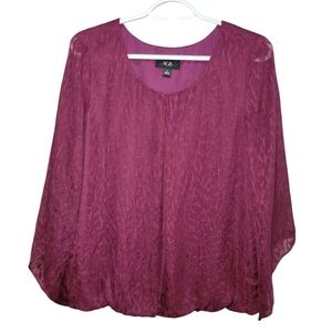AGB size large fuchsia top with sheer sleeves elastic waistband blouse